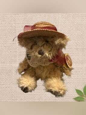 Vintage Crochet Teddy Bear with Straw Hat – Collector’s Display Piece